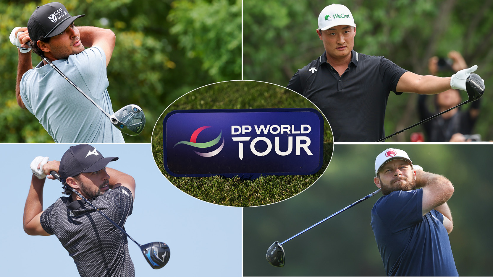 A DP World Tour logo in the middle, with four different players around the outside