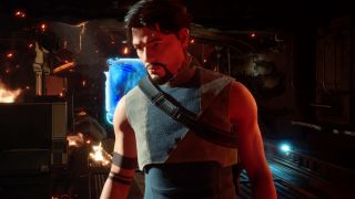 Dune: Awakening intel research points - A customised masculine character standing in a wrecked spaceship.