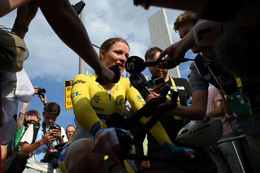 ROTTERDAM NETHERLANDS AUGUST 13 Charlotte Kool of The Netherlands and Team dsmfirmenich PostNL Yellow leader jersey meets the media press after the 3rd Tour de France Femmes 2024 Stage 3 a 679km individual time trial stage from Rotterdam to Rotterdam UCIWWT on August 13 2024 in Rotterdam Netherlands Photo by Dario BelingheriGetty Images