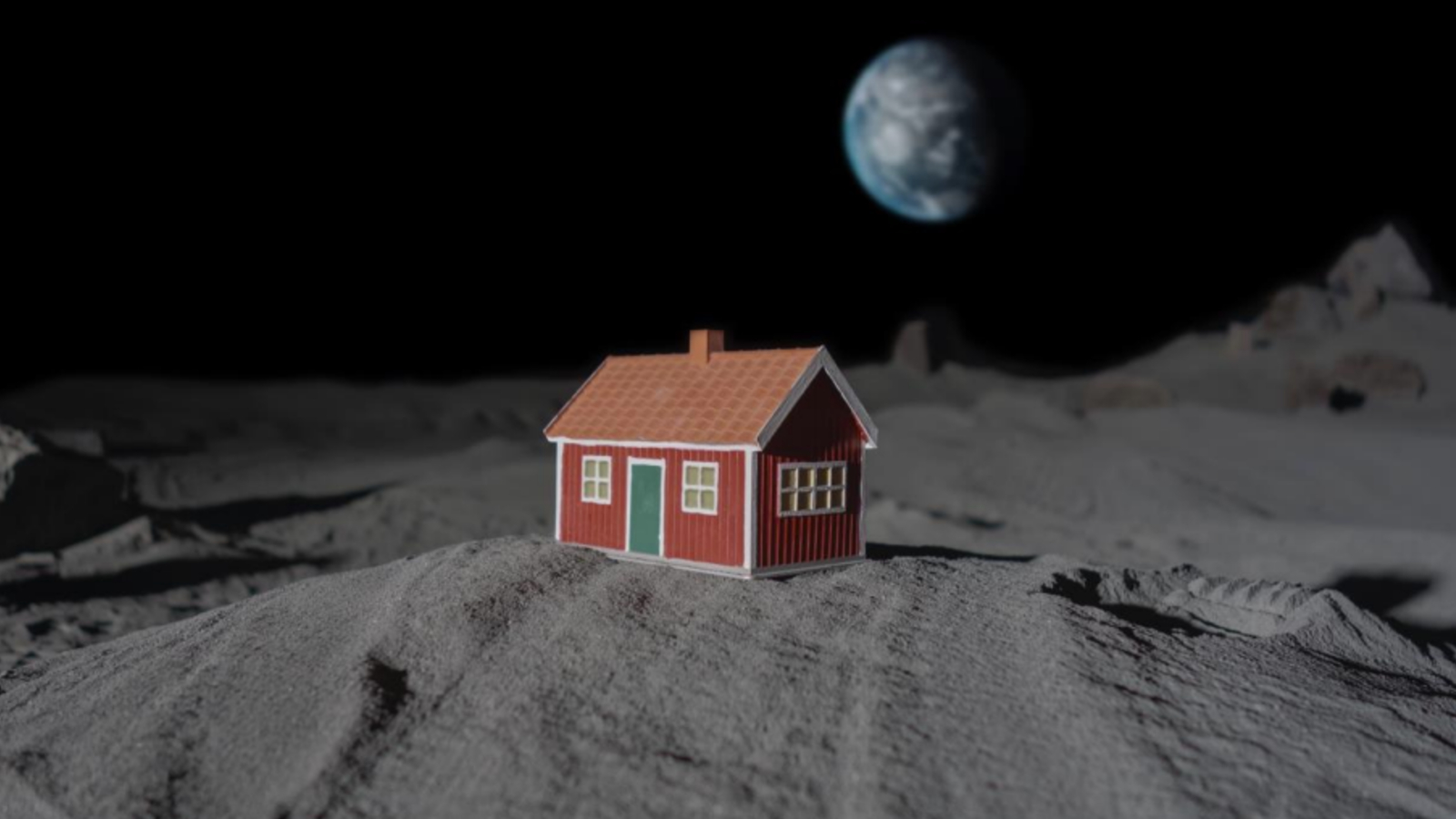 An artist's illustration of The Moonhouse on the moon with Earth in the background