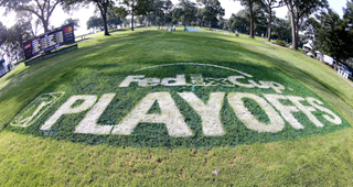 PGA Tour FedEx Cup Playoffs written on grass during the Northern Trust tournament