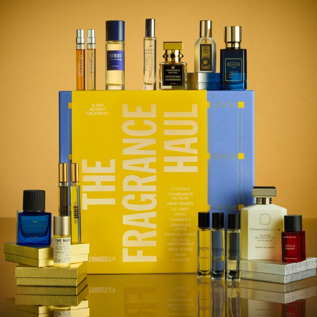 Selfridges 12-day Fragrance Advent Calendar 2026 with its contents in front of it