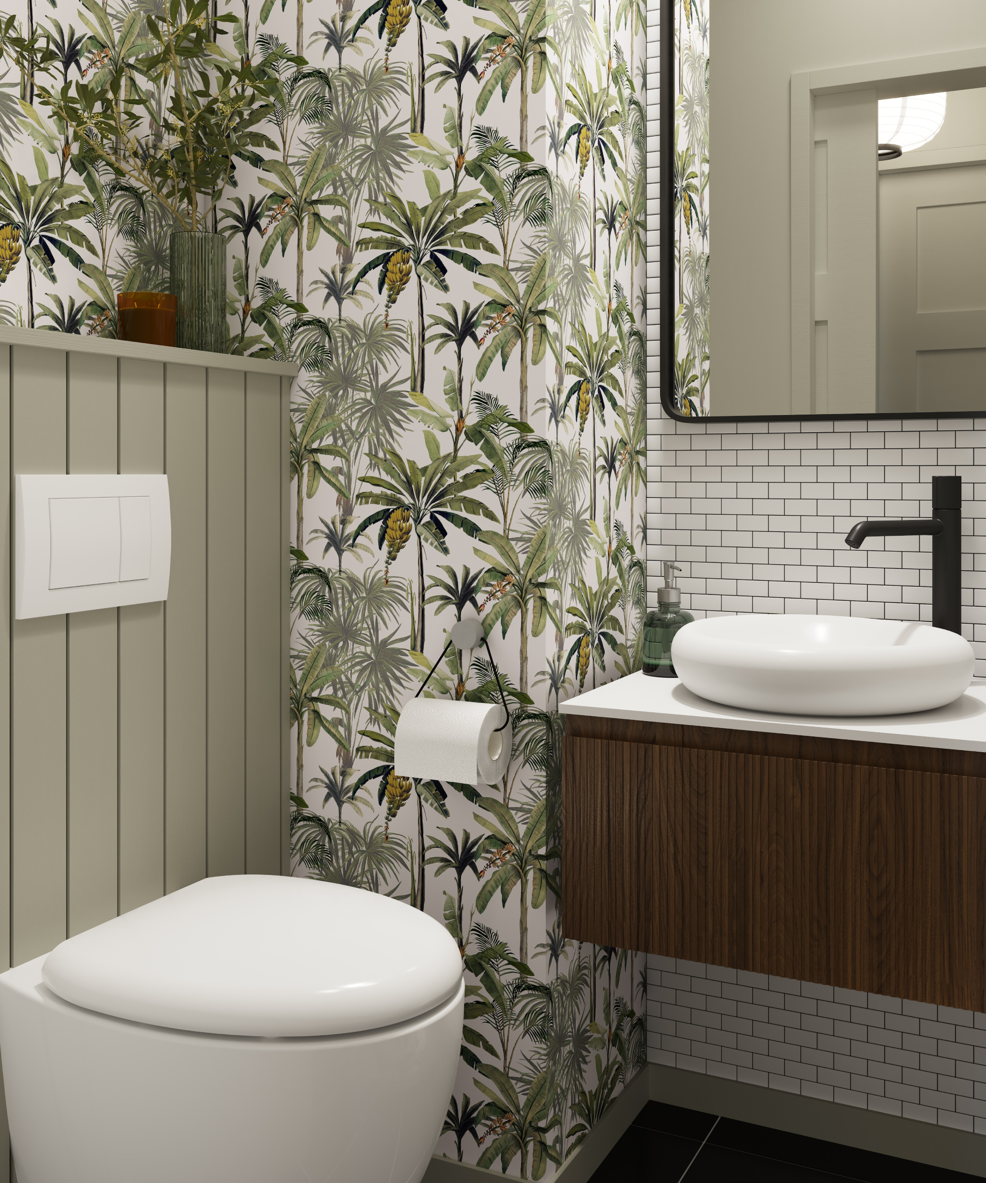 small WC with green panelling, botanical wallpaper and wall mounted dark vanity with countertop basin