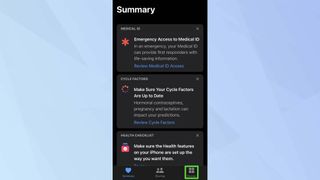 Screenshot of the Health app Summary page, with Browse highlighted.