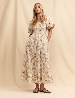 Cream Floral Puff Sleeve Whitley Midi Dress