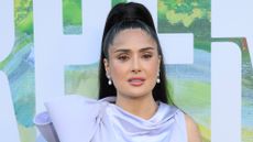 Salma Hayek attending the serpentine summer party in a lilac silk dress with her hair in a high ponytail and ice white short nails