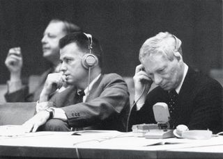 The World Design Conference, Tokyo, 1960. A panel with Paul Rudolf (left) and Louis Kahn (right)