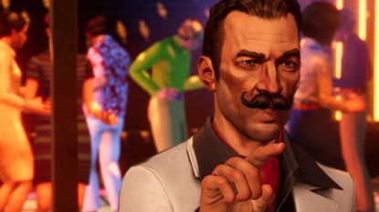 Hercule Poirot speaks to the bartender of Chez ma Tante in the Agatha Christie: Death on the Nile game