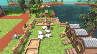 Dinkum multiplayer - a player is standing inside an open top chicken run surrounded by white chickens