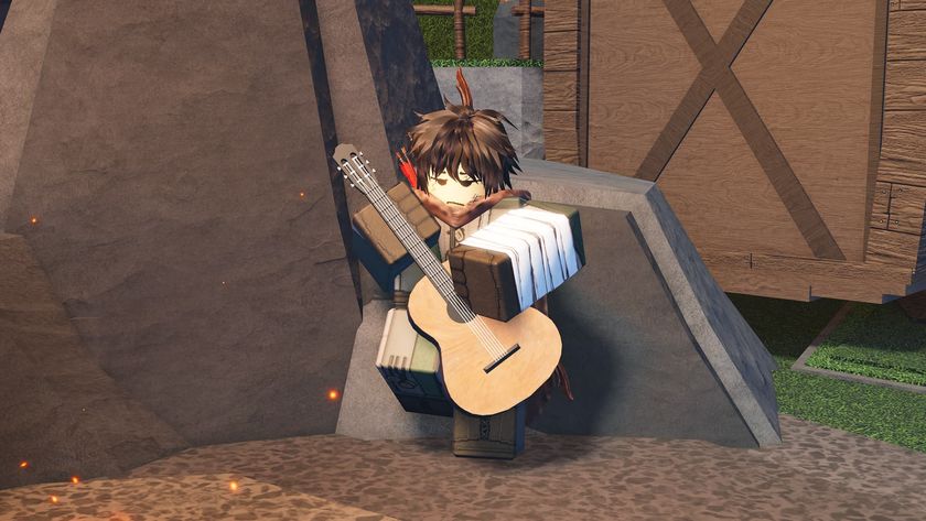 The Forge's Bard NPC strumming the guitar after you find and return it to him. 