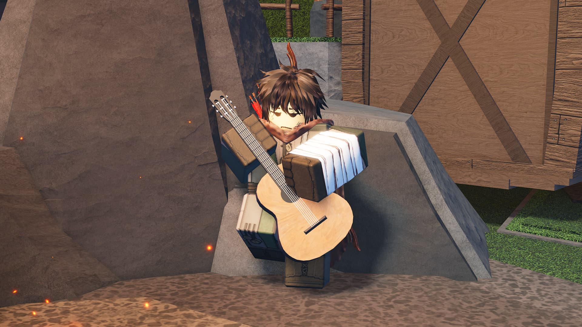 The Forge's Bard NPC strumming the guitar after you find and return it to him. 