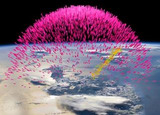 Artist impression of a terrestrial gamma-ray flash, called 'dark lightning,' originating from a thunderstorm. The gamma rays (pink), in turn, generate electrons and positrons (yellow and green), their antimatter counterparts, which get blasted into space.