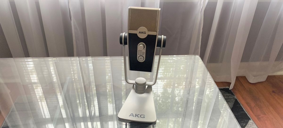 AKG Lyrs microphone hero shot on glass tabletop