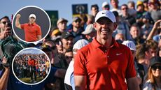 Main image of Rory McIlroy smiling during round three of The Open Championship at Royal Portrush. Inset images of McIlroy fist pumping (top left) and playing a wedge shot among the crowd on 17 (bottom left)