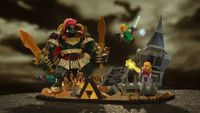 Lego Link and Zelda minifigures attacking Ganon amongst ruins 