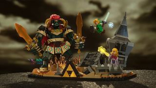 Lego Link and Zelda minifigures attacking Ganon amongst ruins 