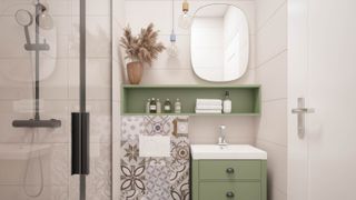 small bathroom with shower, green vanity unit, tiles and green box shelf