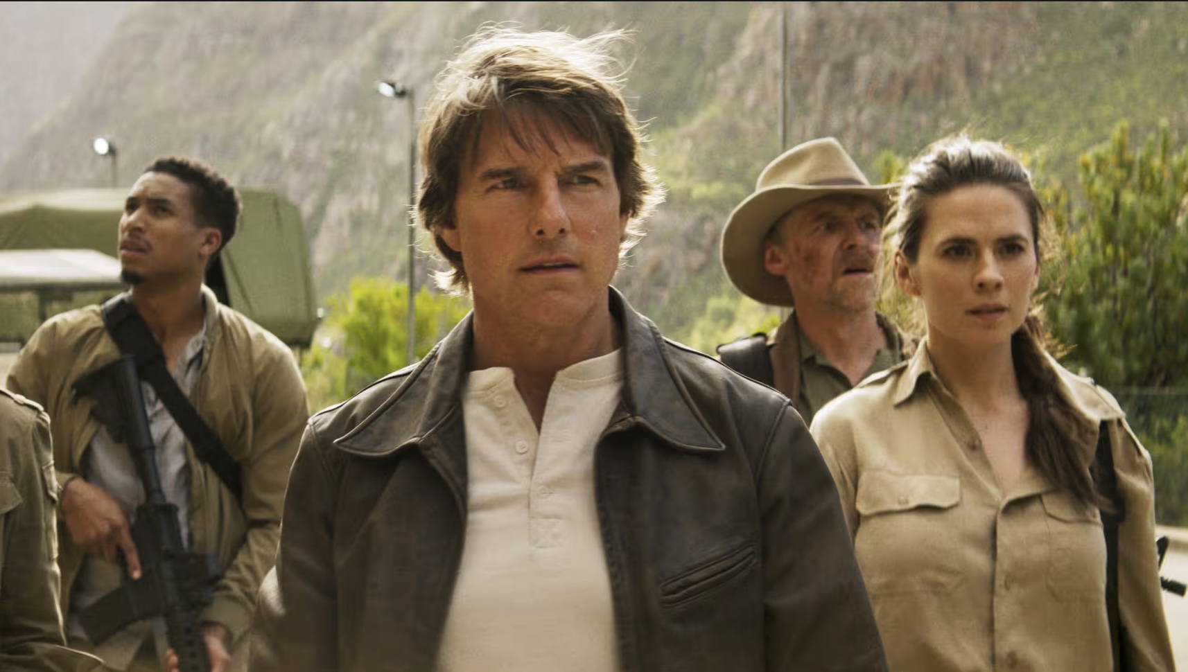 A still image from Mission Impossible: The Final Reckoning showing Tom Cruise in the centre, Tarzan Davies to his left, and Hayley Atwell and Simon Pegg on Cruise's right