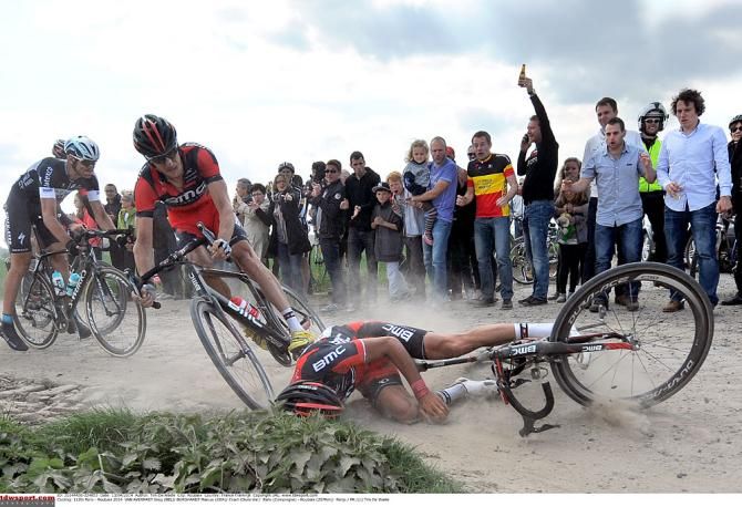 Greg Van Avermaet (BMC) hits the ground hard