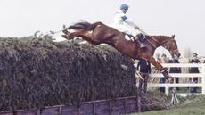 English jockey Bob Champion on Aldaniti (1970 &ndash; 1997) clearing Becher&rsquo;s Brook for the second time on the way to victory in the Grand National at Aintree Racecourse, Liverpool, 4th April 1981. (Photo by Bob Thomas/Getty Images)