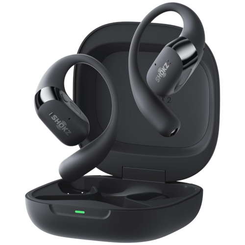Render of the black Shokz OpenFit 2 Plus wireless earbuds and case