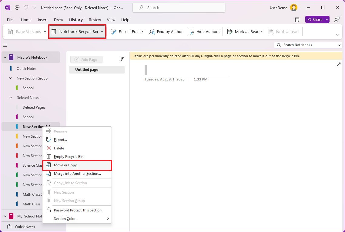 Корзина OneNote