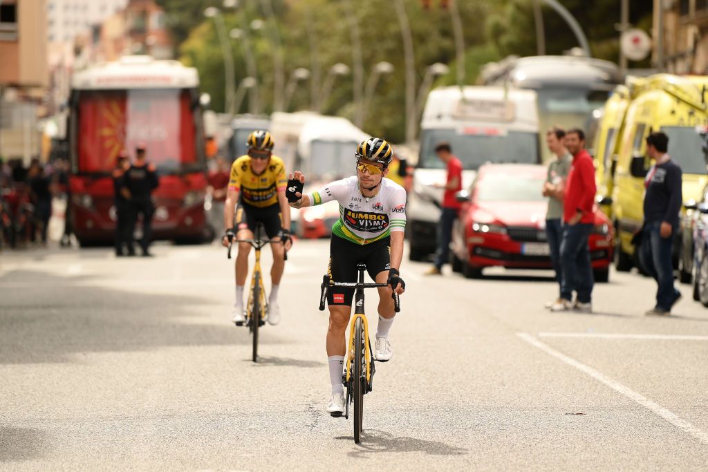 TORTOSA SPAIN MARCH 24 Primoz Roglic of Slovenia and Team JumboVisma Green leader jersey prior to the 102nd Volta Ciclista a Catalunya 2023 Stage 5 a 1766km stage from Tortosa to Lo Port Mirador del Portell 1033m UCIWT on March 24 2023 in Tortosa Spain Photo by David RamosGetty Images