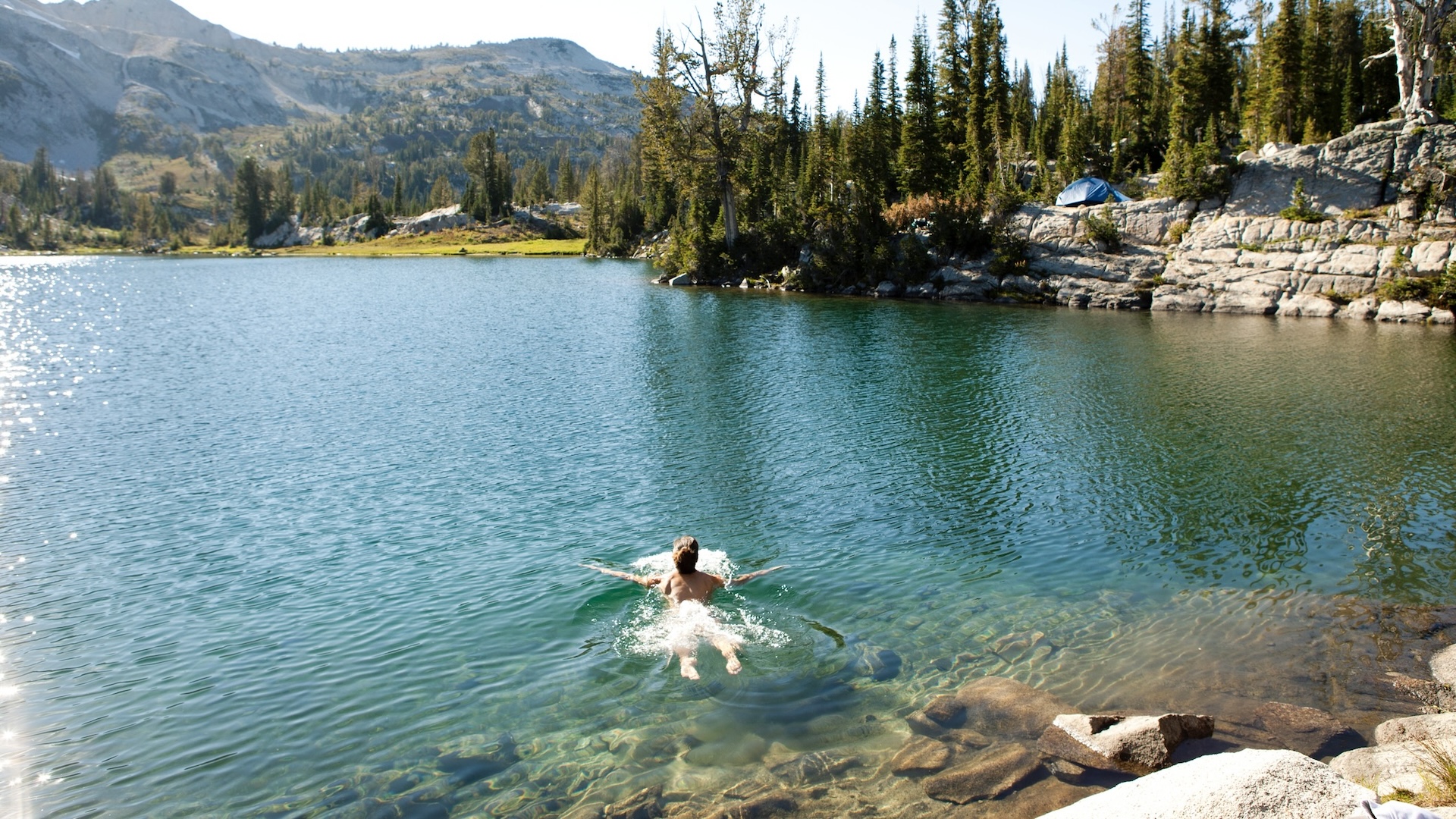 A person wild swimming in a lake