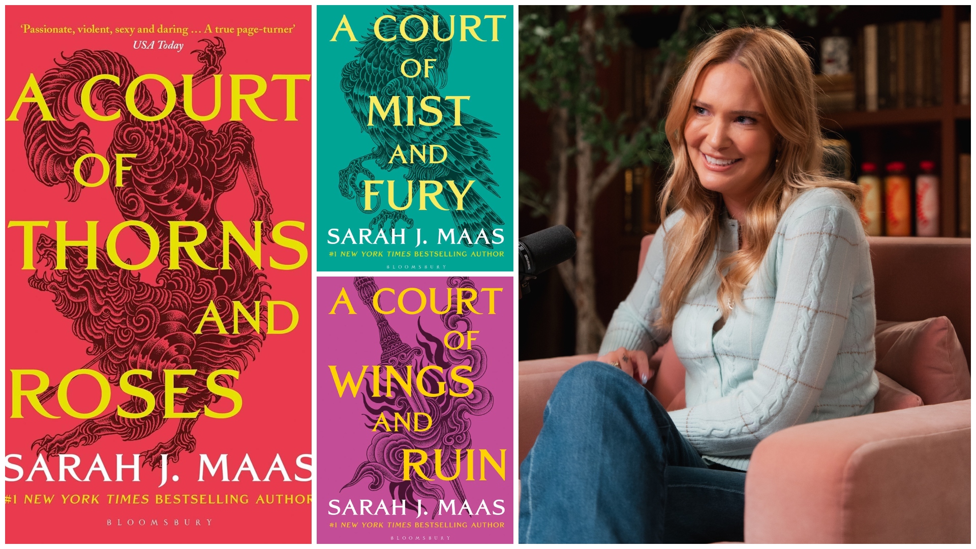 a split image of various covers of acotar books and author sarah j maas on the call her daddy podcast