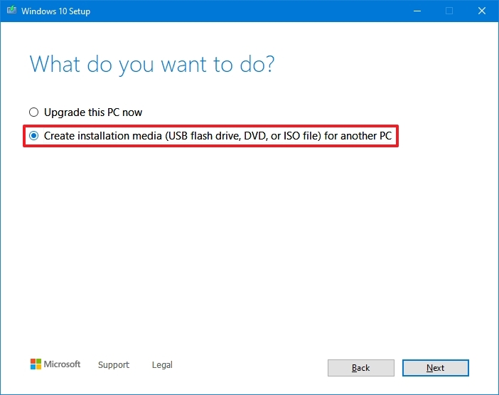 Create installation media for another PC option