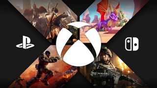 Composite image with screenshots of Modern Warfare 4, Spyro: A Realm Beyond, Gears of War: E-Day, and Fable in the wings of the Xbox logo