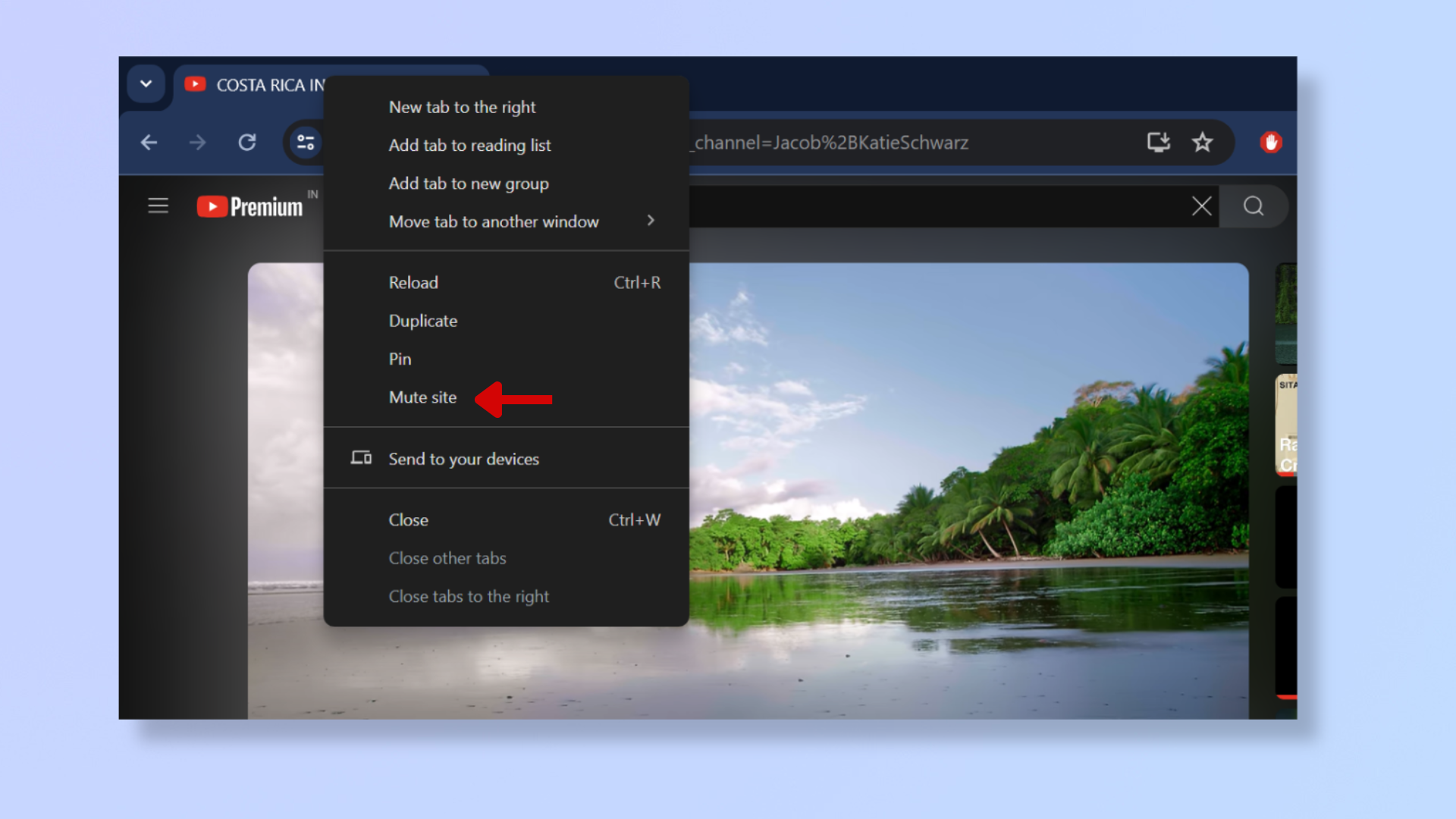 Screenshot of a Chrome tab with a red arrow pointing at Mute site in the tab menu dropdown.