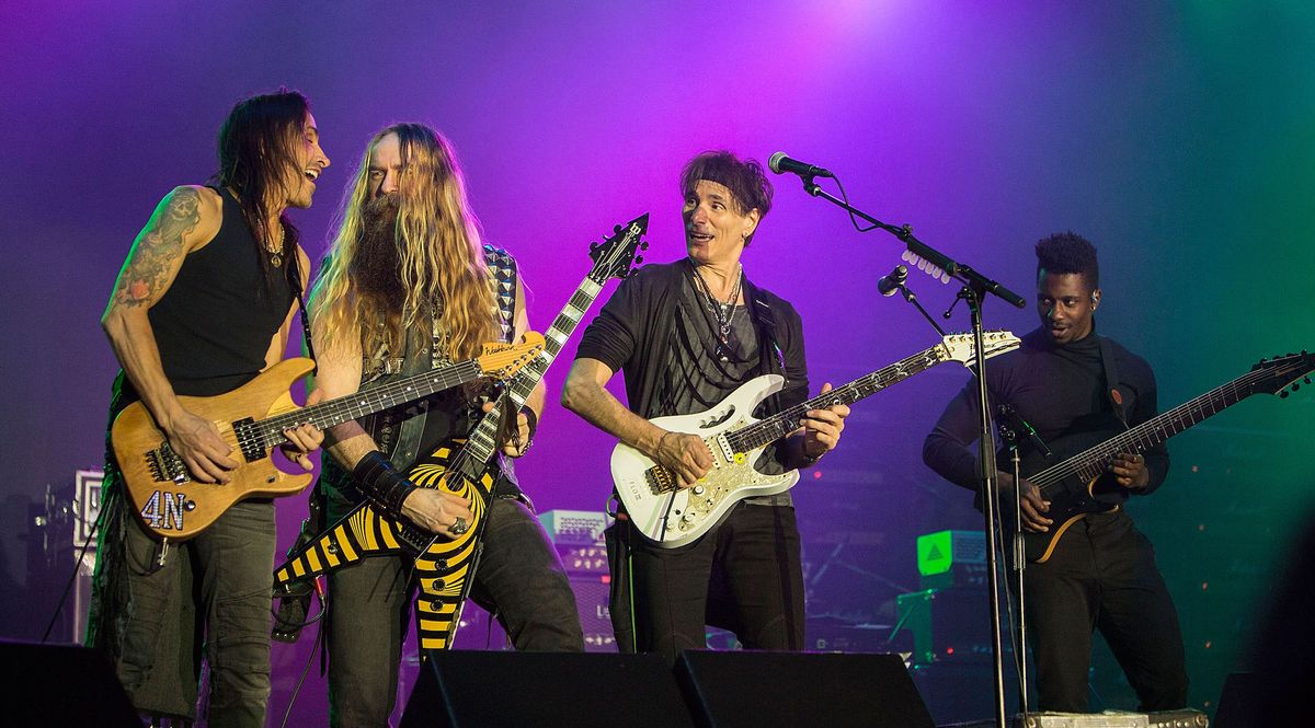 Nuno Bettencourt, Zakk Wylde, Steve Vai, and Tosin Abasi of Generation Axe perform on stage at Humphrey&#039;s on April 10, 2016 in San Diego, California.