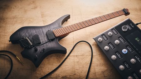 A Strandberg Boden Original N2.6T headless electric guitar with a Fender Tone Master amp modeler