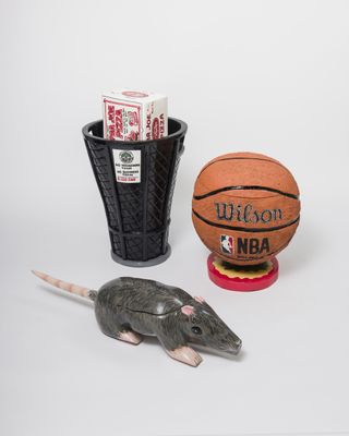 A rat, basketball and trash can