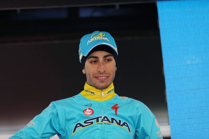 Fabio Aru (Astana) on the podium to collect his white jersey