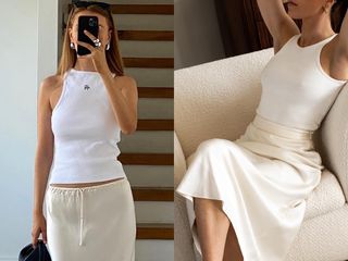 Fashion collage featuring style influencers Orlaith Melia and Jessica Skye wearing an easy summer outfit formula with white tank tops and ivory slip skirts.