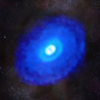 Hydrogen cyanide emissions from a young star called HD 163296 overlay an artist's depiction of a starfield.