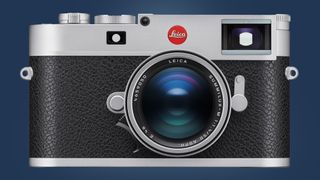 The Leica M11 camera on a blue background