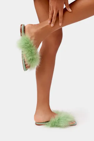 Sleeper Pom Slides with Feathers in Mint.