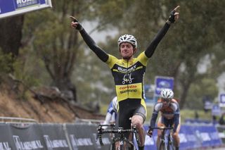 Jack Anderson (Budget Forklifts) salutes as he takes the win in Licola on Stage 5 of the Tour of Gippsland