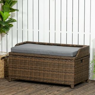 Outsunny Wicker Storage Bench Deck Box With Comfortable Cushion, Gray