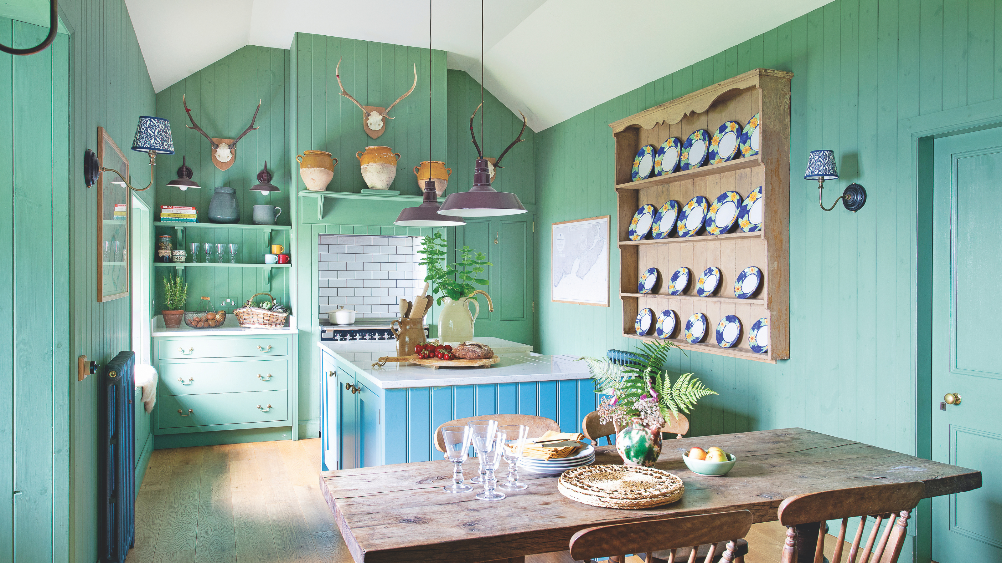 Turquoise painted farmhouse-style kitchen.