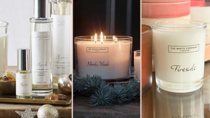 A compilation display of the best White Company scents for the home including fragranced candles and room sprays