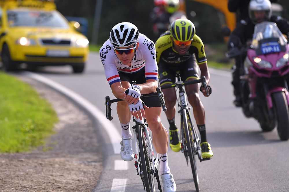 Ben Swift (Ineos) and Tsgabu Grmay (Mitchelton-Scott) make a late-race attack on stage 6 at the Tour de Pologne