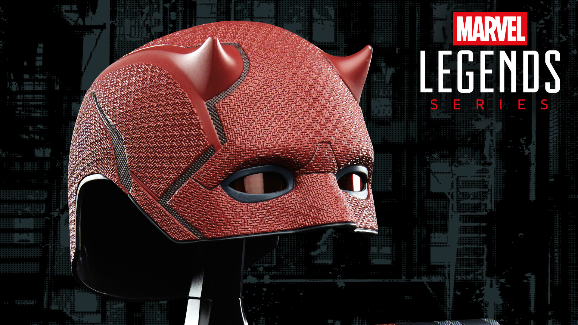 The Daredevil: Born Again Marvel Legends helmet seen from the side, with a Marvel Legends Series logo alongside it