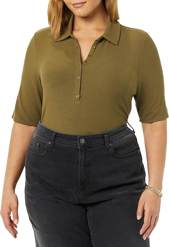 Amazon Essentials Women's Fine Rib Polo Shirt (previously Daily Ritual), Dark Green, Medium