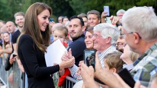 Catherine, Princess of Wales speaks with the public on the long Walk at Windsor Castle on September 10, 2022 in Windsor, England.