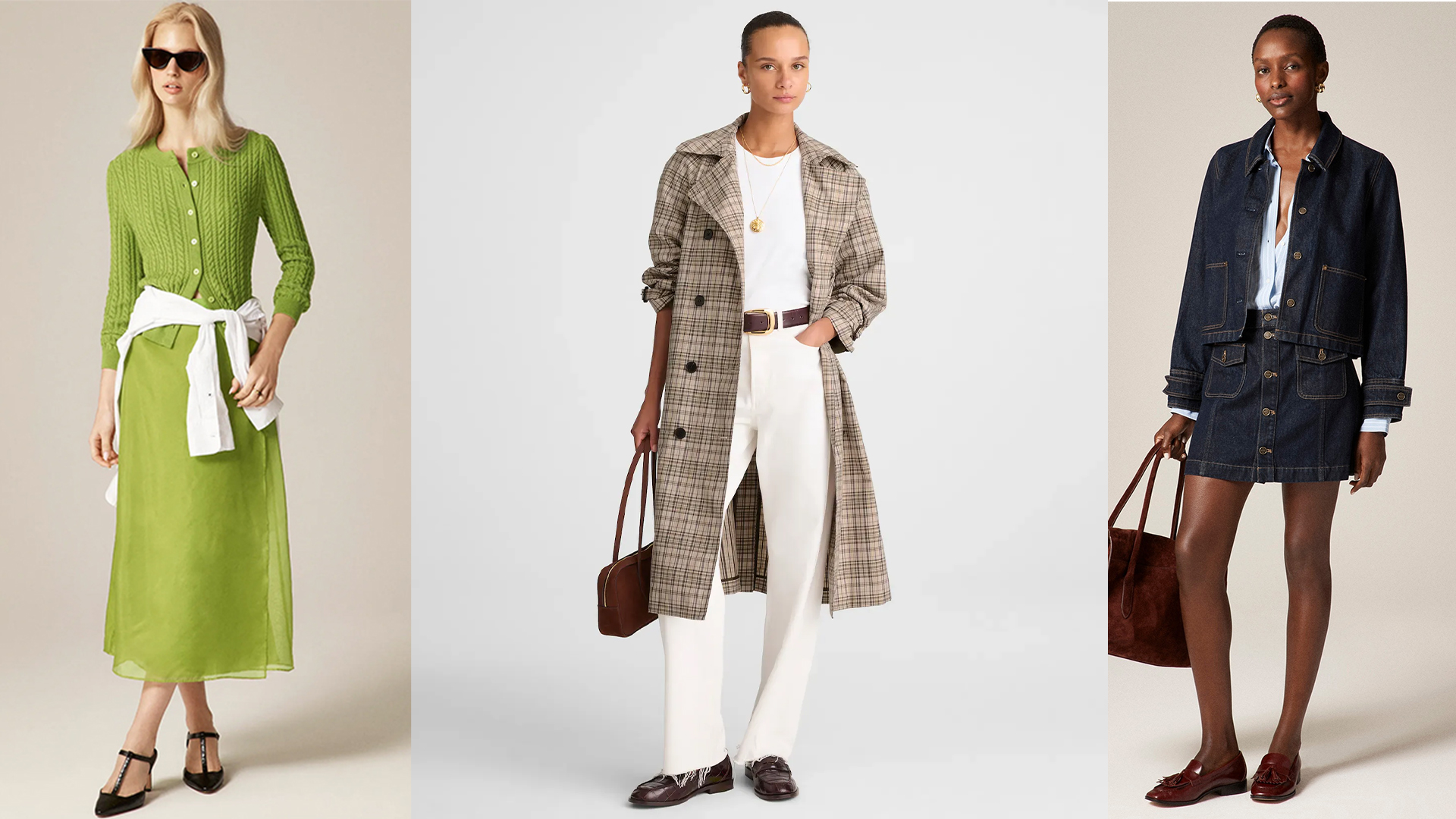 model wears chartreuse skirt and cardigan outfit, model wears plaid trench coat and white top and pants, model wears denim skirts set.