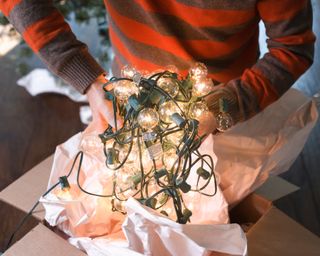 Man Holding Tangled String of Christmas Lights